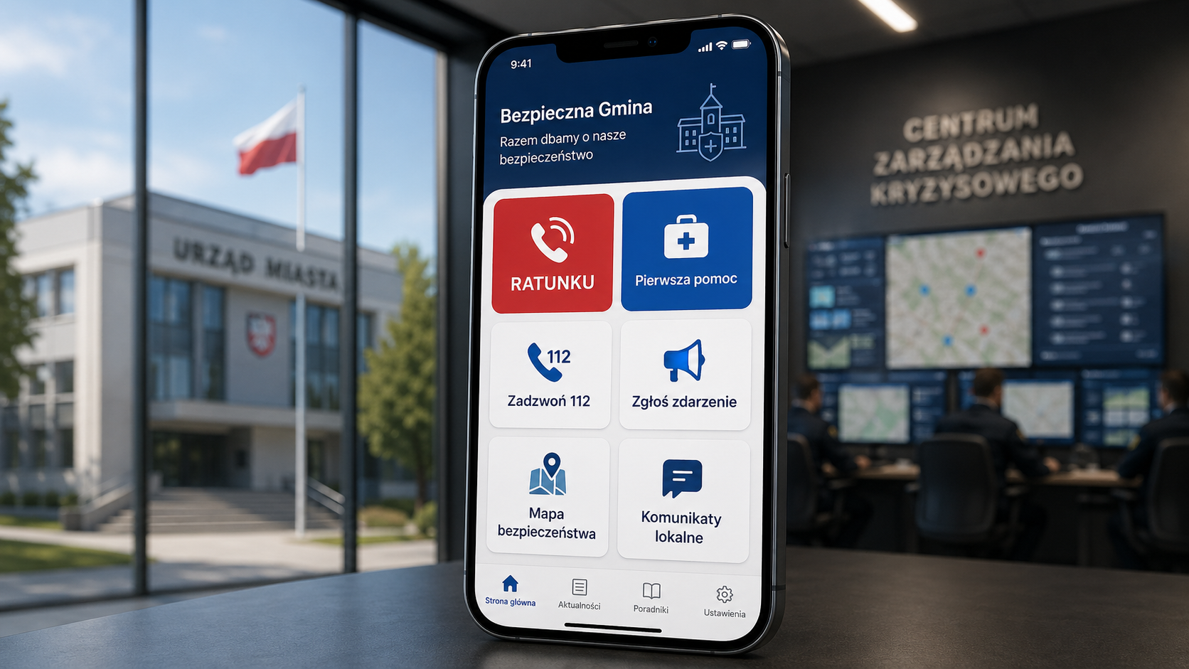 Widok aplikacji Kryzysownik na telefonie w centrum zarządzania kryzysowego
